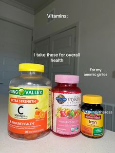 Boost your daily wellness routine with Nature Made Iron Tablets and Spring Valley Vitamin C Gummies. Nature Made Iron 65 mg supports red blood cell formation and cognitive health, making it ideal for women in their reproductive years. Complement your immunity with Spring Valley's Extra Strength Vitamin C Gummies – a vegetarian, gluten-free option for immune health with natural orange flavor. Together, these supplements provide key nutrients for overall vitality. #NatureMadeIron #SpringValleyVitaminC #IronSupplements #ImmuneSupport #EssentialNutrients #WellnessRoutine Taking Supplements Aesthetic, Immunity Shots Aesthetic, Healthy Vitamins For Women, Womens Supplements, Vitamin Aesthetic, Everyday Vitamins For Women, Women Vitamins, Women Health Vitamins, Iron Tablets