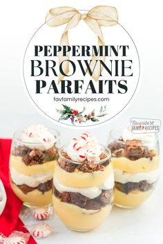 peppermint brownie parfaits in small glasses with candy canes