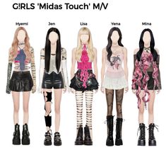 four dolls with different outfits and hair are shown in the same image, one is wearing black