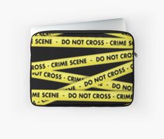 yellow police tape with do not cross on black background laptop sleeve by designbyte