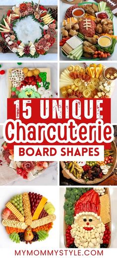 a collage of pictures with different types of food on them and the words 15 unique charcuterie board shapes