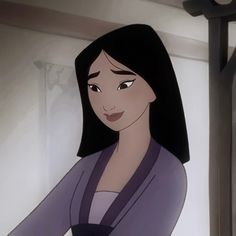 an animated image of a woman with long black hair wearing a purple dress and standing in front of a cross