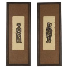 two framed art pieces depicting figures on brown paper