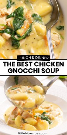 the best chicken gnocchi soup with spinach and cheese in a white bowl