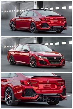 three different views of the front and rear end of a red honda civic hatchback