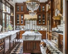 a dog sitting in the middle of a kitchen with marble counter tops and wooden cabinets