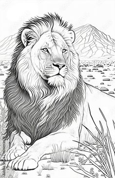 a black and white drawing of a lion sitting in the grass with mountains in the background