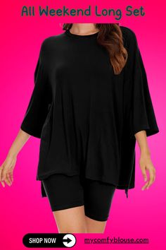 All Weekend Long Set Comfy Oversized Tops For Relaxation, Black Relaxed Fit Top For Leisure, Oversized Comfy Top For Relaxation, Relaxed Fit Crew Neck Sleepwear, Oversized Comfortable Tops, Oversized Crew Neck Top For Relaxation, Comfortable Solid Color Tops For Relaxation, Black Athleisure Tops For Leisure, Casual Oversized Crew Neck Sleepwear