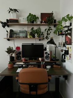 a desk with a computer, speakers and plants on the shelves above it in a home office