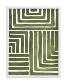 a green and white abstract painting in a white frame on the wall above it is a square pattern that looks like an interlocked rectangle