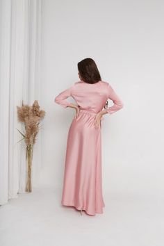 "Silk Airy dress for the most feminine look. This dress has and airy skirt and is made of the light soft silk/satin blend material that has a silk texture. 3/4 Sleeve Wrap Maxi Design This design is a great choice for warm season events or photoshoots. This style is good for bridesmaids, homecoming or wedding guest occasions. Every dress is made to order and can be customized by your measures to fit just right. ► Large color selection. We try to offer every possible color. (and you can always wr Spring Satin Wrap Dress, Midi Length, Spring Satin Midi Wrap Dress, Spring Satin Maxi Wrap Dress, Satin Dress For Brunch, Solid Color Satin Dress For Brunch, Feminine Modal Satin Wedding Dress, Feminine Flowy Silk Maxi Dress, Feminine Long Sleeve Satin Midi Dress, Spring Wedding Modal Satin Dress