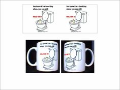 two coffee mugs with instructions on how to use the toilet and what to put in them