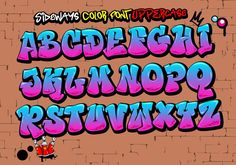 graffiti font and numbers on a brick wall in the style of cartoon characters, with different colors