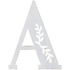 a white wooden sign with leaves on it and the letter'a'painted in white