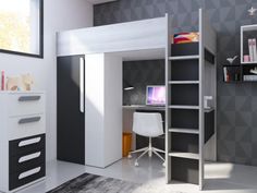 a white and black bedroom with a desk, bookcases, and computer monitor