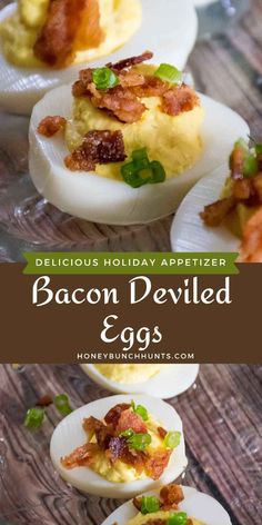 deviled eggs with bacon and green garnish on them