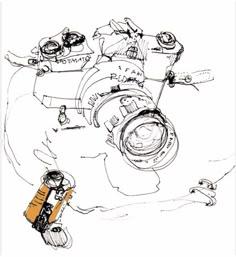 an ink drawing of a camera and its parts