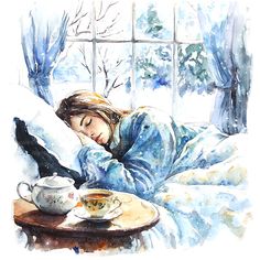 a watercolor painting of a woman laying in bed with her head on the pillow