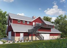 a large red barn style house with a metal roof and two garages on the side