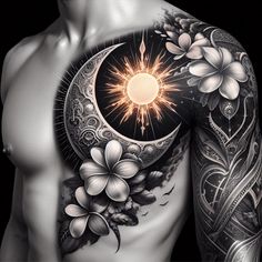 a man's full body with tattoos and flowers on his chest, holding the sun