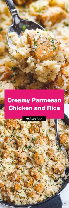 creamy parmesan chicken and rice is served in a skillet with a spoon