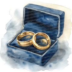 two gold wedding rings sitting in a blue velvet box on top of a watercolor background