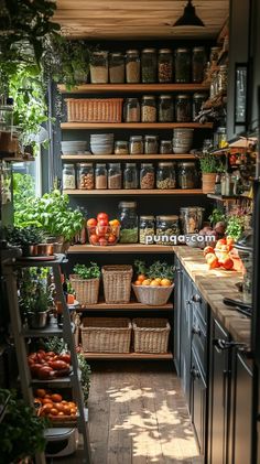 a kitchen filled with lots of vegetables and fruits on the shelves next to each other