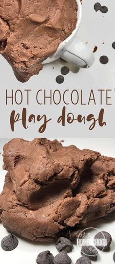 chocolate play dough in a white bowl and on a polka dot tablecloth with text overlay that reads hot chocolate play dough