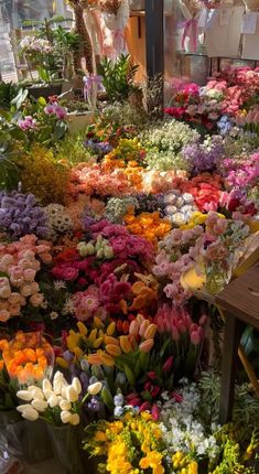 a bunch of flowers that are on display