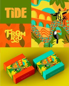 two boxes that are sitting next to each other on a yellow and green background with an image of a bird