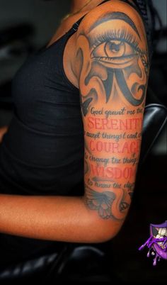 a woman's arm with an all seeing eye tattoo on it and the words serenity