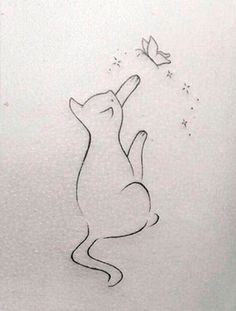 a drawing of a cat reaching up to a butterfly with its paw in the air