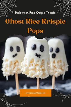 three halloween rice krispy pops with ghost faces on them and the words, halloween rice krispies treats