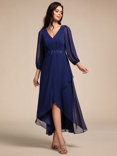 Elevate your evening look with our Long Lantern Sleeves Waist Applique Chiffon Formal Dress. This elegant dress features flowing chiffon fabric, long lantern sleeves for a touch of drama, and a beautifully detailed waist applique that enhances your silhouette. The perfect combination of grace and sophistication, this dress is ideal for formal events where you want to make a lasting impression. Spring Chiffon Mother Of The Bride Dress For Banquet, Chiffon Lantern Sleeve Evening Dress, Chiffon Evening Dress With Lantern Sleeves, Long Sleeve Chiffon Dress For Wedding, Blue Chiffon Dress With Sheer Sleeves, Blue Long Sleeve Chiffon Maxi Dress, Formal Dresses With Sheer Lantern Sleeves, Flowy Long Sleeve Evening Dress For Party, Flowy Long Sleeve Chiffon Dress For Banquet