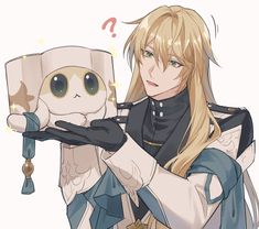 an anime character with long blonde hair holding a paper