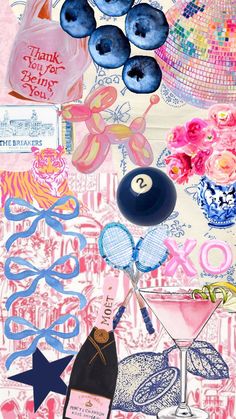 a collage of pink, blue and white items