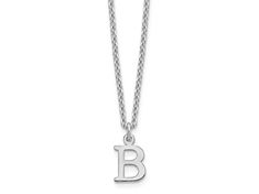 Rhodium over sterling silver cut-out letter "B" initial necklace with polished finish and lobster claw clasp. Chain measures approximately 18"L x 1/16"W, charm measures 7/16"L x 1/4"W. Gold B Necklace, Initial Necklace Silver Letters, Silver Sterling Silver Letter Necklace, B Necklace Initial, B Initial Necklace Silver, B Initial Necklace, B Initial, Letter Necklace Silver, Cut Out Letters