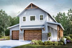 a two story house with a garage in the front