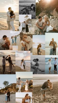 a collage of people standing on the beach with their arms around each other and kissing