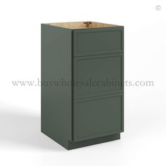 a green cabinet with two drawers on the bottom and one drawer in the middle, against a white background