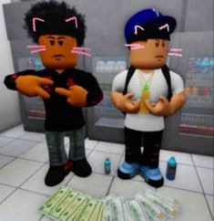 two cartoon characters standing next to each other with money on the floor in front of them