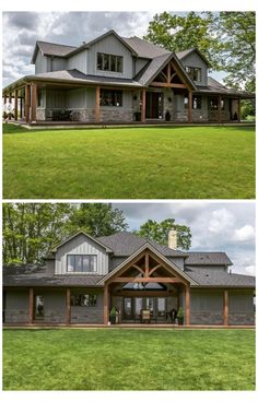 two different views of a large house in the grass