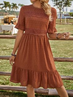 Fall Wedding Guest Dress Casual, Wedding Guest Dress Casual, Dress Elegant Short, Cheap Fall, Fall Wedding Guest, Fall Wedding Guest Dress, Lace Trim Dress, Lace Decor, Rust Dress