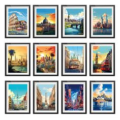 a set of nine framed art prints depicting the city skylines in different styles and sizes