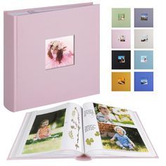 an open photo book with photos and text on it, including the pages in different colors