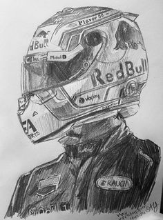 a drawing of a person wearing a helmet and jacket with the words red bull written on it