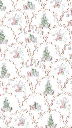 a white christmas wallpaper with presents and trees on the top, in red and green