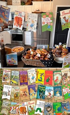 there are many children's books on display in the kitchen