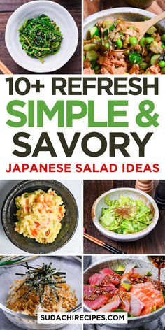 Vibrant collection of Japanese-inspired salads showcasing sashimi, potato salad, seaweed, and fresh greens arranged in traditional ceramics Japanese Diet Meal Plan, Japanese Salad Recipes, Meal Prep Sunday, Japanese Salad, Japanese Diet, Japanese Dinner, Ginger Dressing, Japanese Recipes, Sunday Meal Prep