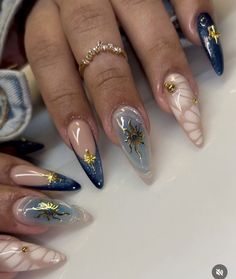 Blue Gold Nails, Pretty Nail Designs, Unique Acrylic Nails, Funky Nails, Pretty Acrylic Nails, Best Acrylic Nails, Gold Nails, Long Acrylic Nails, Cute Acrylic Nails